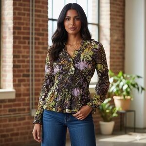 Hugo Hugo Boss Floral Blouse-Y2K Sheer Smocked Waist Peplum Top -Multi Color